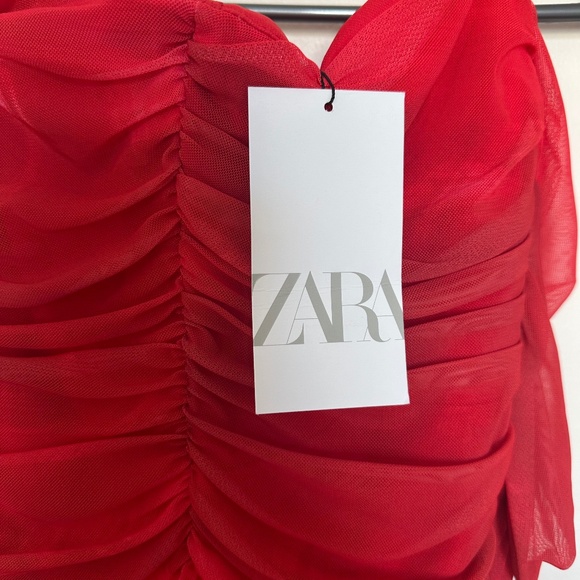 Zara Ruched Tulle Corset Dress - Beige-Red - Size M - NWT - Picture 3 of 5